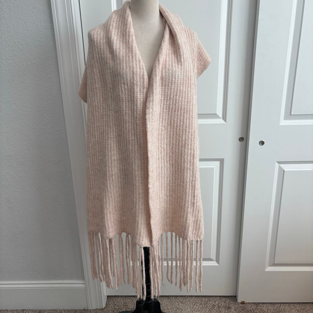 Portland Alpaca Wool Blend Fringe Shawl Wrap Poncho Cape Ribbed Knit‎ Cream OS
